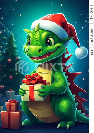 3D illustration of the magic cute green dragon with Christmas Hat 113730761