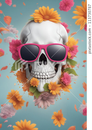 Creepy human skull for horror, Halloween or death themed with rose. illustration painting of digital art style Creepy human skull for horror, Halloween or death themed with rose. illustration painting of digital art style 113730787