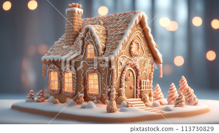 Beautiful gingerbread house. Close-up. Place for text. 113730829