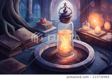 digital illustration of A bottle of magic potion in a dark fantasy forest digital illustration of A bottle of magic potion in a dark fantasy forest 113730969
