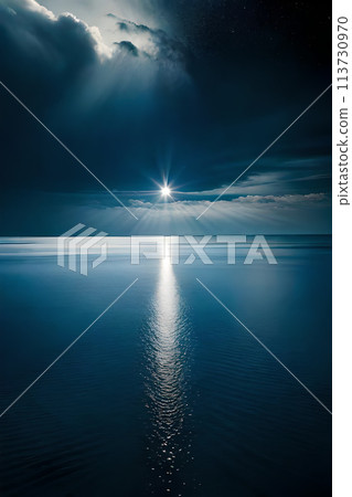 Moonlight in ocean landscape. Bright full moon over the sea 113730970