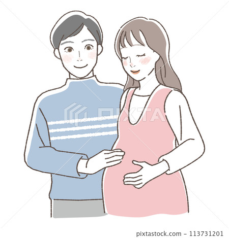 An illustration of a pregnant woman and her husband stroking her belly. An illustration of a pregnant woman and her husband stroking her belly. 113731201