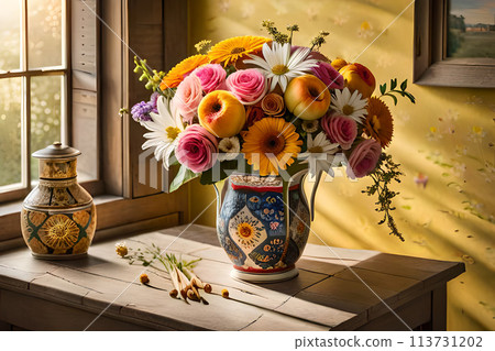Bouquet of white flowers in a vase, candles on vintage copper tray, wedding home decor on a table 113731202