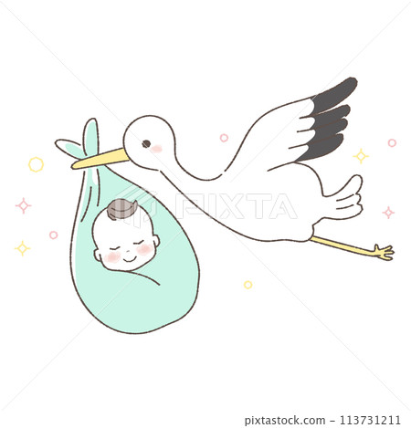 Illustration of a stork carrying a baby. 113731211