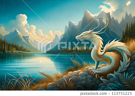 A painting of a friendly dinosaur with a mountain in the background. A painting of a friendly dinosaur with a mountain in the background. 113731223