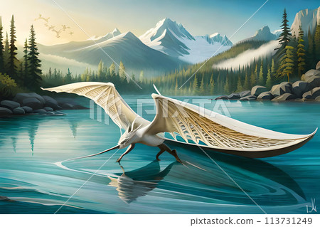 A painting of a friendly dinosaur with a mountain in the background. A painting of a friendly dinosaur with a mountain in the background. 113731249