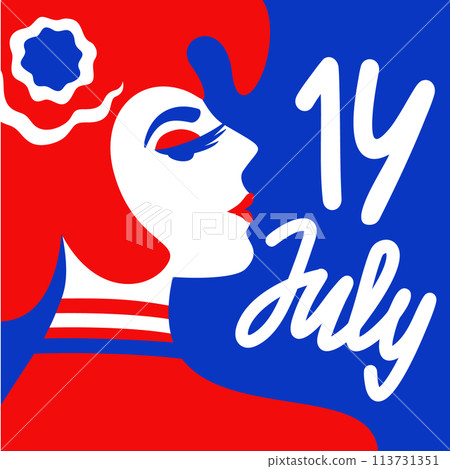 Woman in phrygian cap. Minimalistic vector isolated illustration in colors of french flag with lettering. 14 July. Bastille Day. Woman in phrygian cap. Minimalistic vector isolated illustration in colors of french flag with lettering. 14 July. Bastille Day. 113731351