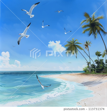 Peaceful beach scene with calm ocean waters and clear blue sky. Serene oasis of solitude 113731374