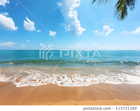 Tranquil beach scene with golden sands and azure sea. Serene beauty of nature 113731399