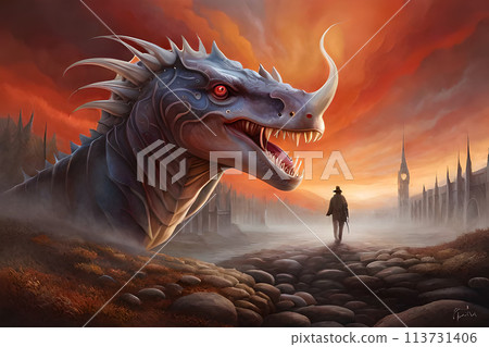 A painting of a dinosaur with a mountain in the background. A painting of a dinosaur with a mountain in the background. 113731406