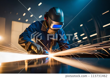 welder doing metal work at night, front and background 113731462