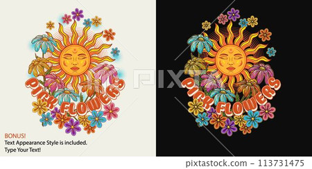 Summer label with sun with face, chamomile, halftone shapes, editable text effect. Groovy, hippie retro style. For clothing, apparel, T-shirts, surface decoration Summer label with sun with face, chamomile, halftone shapes, editable text effect. Groovy, hippie retro style. For clothing, apparel, T-shirts, surface decoration 113731475