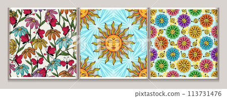Seamless hippie style summer patterns with sun, chamomiles, emoji. Groovy, naive, hippie style. For apparel, fabric, textile, kids design. Seamless hippie style summer patterns with sun, chamomiles, emoji. Groovy, naive, hippie style. For apparel, fabric, textile, kids design. 113731476
