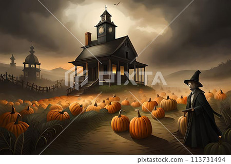 3D rendering of a haunted, fantasy castle in spooky Halloween night 113731494
