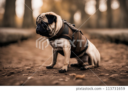 A small pug dog in a pine autumn forest on a walk. mops. A small pug dog in a pine autumn forest on a walk. mops. 113731659