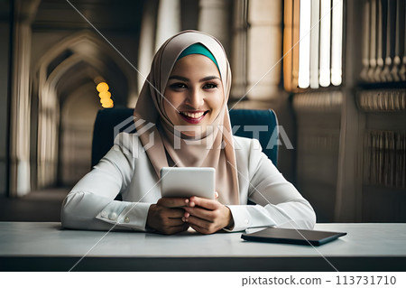 Shocked surprised young arabian asian muslim woman in abaya hijab 113731710