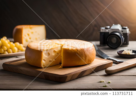 Pieces of delicious cheese and knife on wooden table. Space for text 113731711