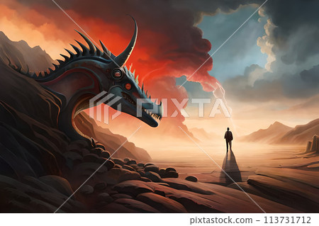A painting of a dinosaur with a mountain in the background. 113731712