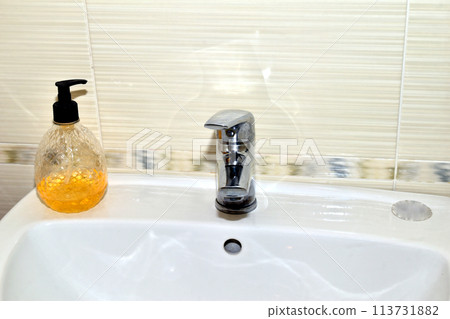 There is a bottle of liquid soap on the washbasin. 113731882