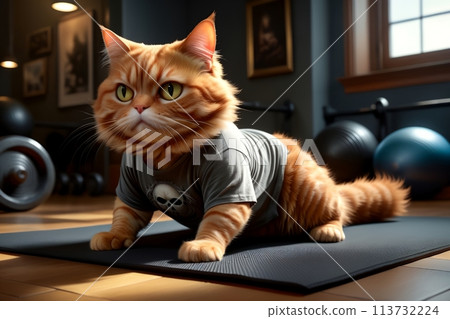 cat plays sports in the gym, does yoga 113732224