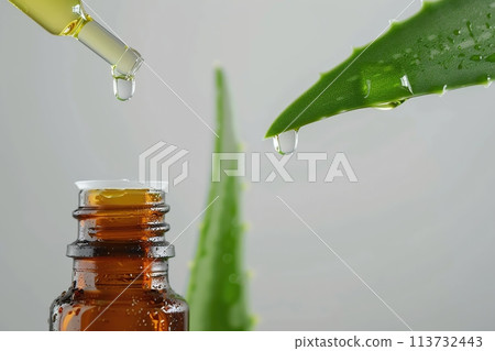 Aloe vera leaf with drop falling in glass cosmetic bottle. Transparent essence aloe vera plant drips from leaves, isolated on gray background. Herbal medicine for skin care, spa. Beauty treatment 113732443