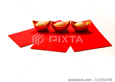 Chinese New Year Spring festival decorations red packet and gold ingots. 113732470