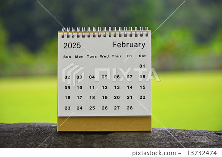 February 2025 white calendar with green blurred background. New year concept. 113732474