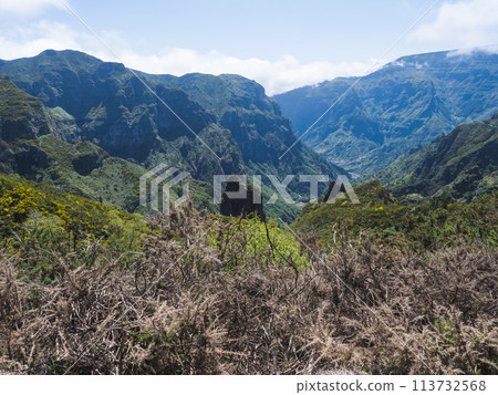 View of green hills, mountain landscape in clouds at blue sky. and lush vegetation at hiking trail PR12 to Pico Grande one of the highest peaks in the Madeira, Portugal View of green hills, mountain landscape in clouds at blue sky. and lush vegetation at hiking trail PR12 to Pico Grande one of the highest peaks in the Madeira, Portugal 113732568