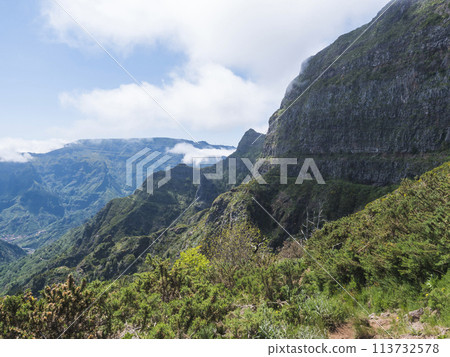 View of green hills, mountain landscape in clouds at blue sky. and lush vegetation at hiking trail PR12 to Pico Grande one of the highest peaks in the Madeira, Portugal 113732578