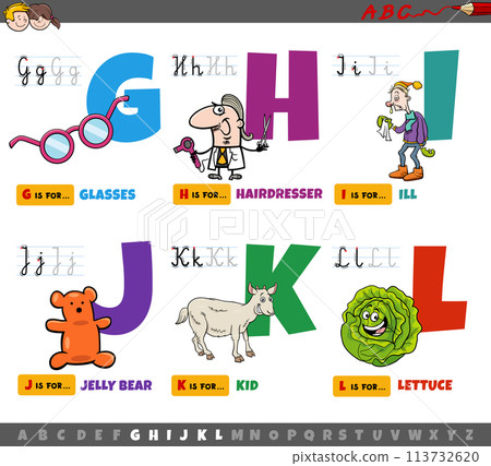 educational cartoon alphabet letters for children from G to L educational cartoon alphabet letters for children from G to L 113732620