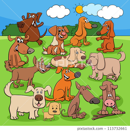 cartoon playful dogs characters group in the meadow cartoon playful dogs characters group in the meadow 113732661