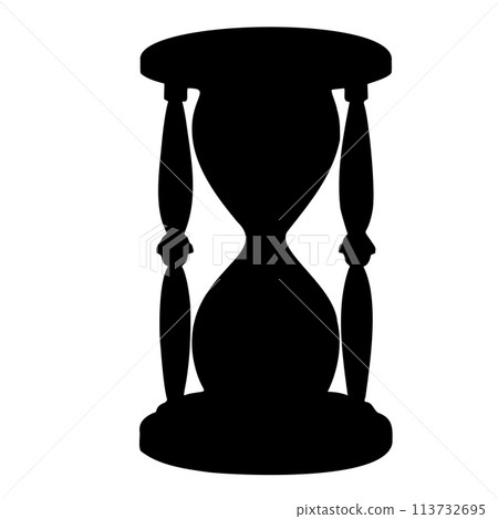 Hourglass vector Silhouette. Illustration of antique Sandglass painted by black inks on isolated background. Drawing of a sand Clock for icon or logo. Etching of retro hour glass. Engraving of timer. 113732695