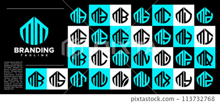 Modern abstract initial letter M MM logo stamp set 113732768