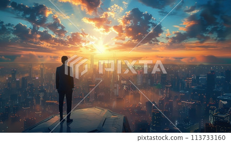 A businessman standing on a rooftop overlooking a futuristic city. A businessman standing on a rooftop overlooking a futuristic city. 113733160