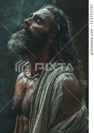 A strong and handsome man with long white hair and beard, wearing a white cloth around his neck and shoulders, looking up in deep thought. 113733197