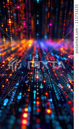 Binary code flowing in a colorful digital tunnel. 113733235