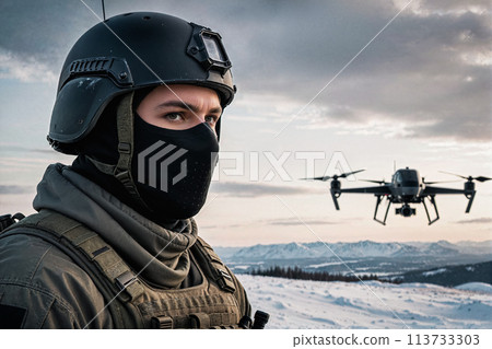 military man in uniform against the background of a drone 113733303