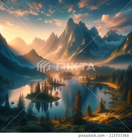 黎明時分湖面的壯麗景色 黎明時分湖面的壯麗景色 113733368