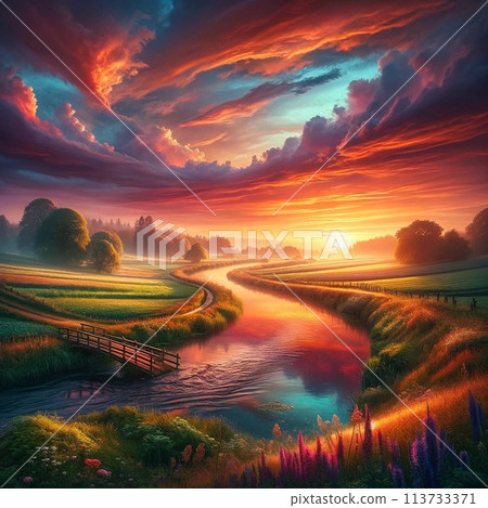 夕陽下的色彩繽紛的河邊 夕陽下的色彩繽紛的河邊 113733371