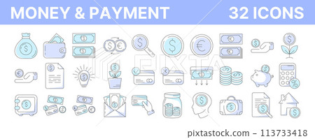 Money and payment methods, outline icon set. Editable stroke and color. Business and finance collection with cash, coin, banking, credit card, exchange, saving, transaction symbol. Vector illustration Money and payment methods, outline icon set. Editable stroke and color. Business and finance collection with cash, coin, banking, credit card, exchange, saving, transaction symbol. Vector illustration 113733418