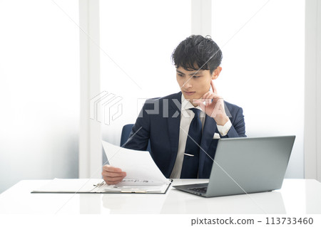 Male businessman working on a laptop and checking documents Male businessman working on a laptop and checking documents 113733460