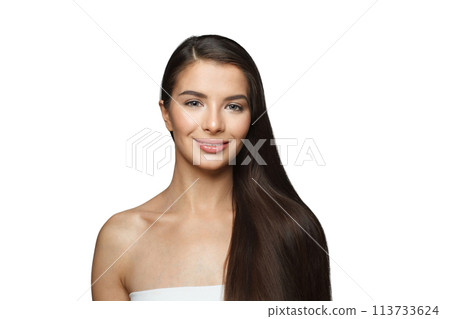 Isolated young female model with healthy hair, makeup and shiny clear skin posing  113733624