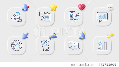 Recovery devices, Stress and Teamwork line icons. Buttons with 3d bell, chat speech, cursor. Pack of Electricity, Analytical chat, Clipboard icon. Consumption growth, Cyber attack pictogram. Vector 113733695