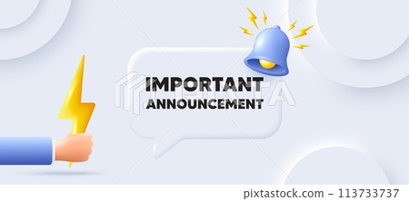 Important announcement tag. Neumorphic background with chat speech bubble. Special offer sign. Advertising discounts symbol. Important announcement speech message. Banner with energy. Vector Important announcement tag. Neumorphic background with chat speech bubble. Special offer sign. Advertising discounts symbol. Important announcement speech message. Banner with energy. Vector 113733737