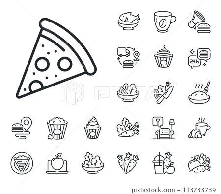 Pizzeria food sign. Crepe, sweet popcorn and salad outline icons. Pizza slice line icon. Fast food symbol. Pizza line sign. Pasta spaghetti, fresh juice icon. Supply chain. Vector Pizzeria food sign. Crepe, sweet popcorn and salad outline icons. Pizza slice line icon. Fast food symbol. Pizza line sign. Pasta spaghetti, fresh juice icon. Supply chain. Vector 113733739