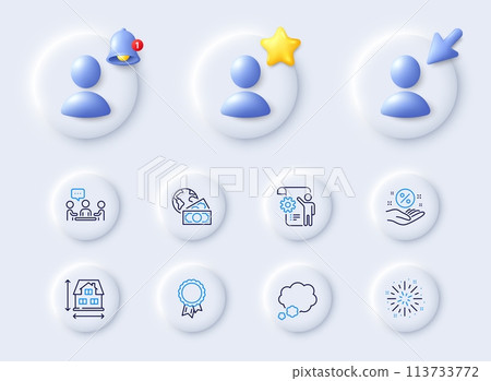 People chatting, Loan percent and Global business line icons. Placeholder with 3d cursor, bell, star. Pack of Fireworks explosion, Talk bubble, Settings blueprint icon. Vector People chatting, Loan percent and Global business line icons. Placeholder with 3d cursor, bell, star. Pack of Fireworks explosion, Talk bubble, Settings blueprint icon. Vector 113733772