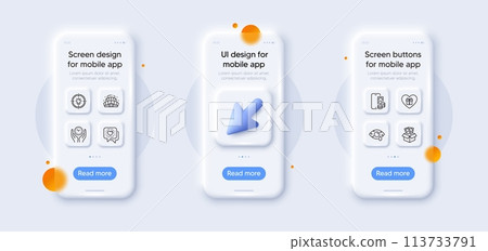 Conjunctivitis eye, Romantic gift and Friends chat line icons pack. 3d phone mockups with cursor. Glass smartphone screen. Bribe, Idea, Arena stadium web icon. Phone pay, Safe time pictogram. Vector 113733791