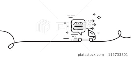 Food delivery line icon. Continuous one line with curl. Truck courier sign. Catering service symbol. Food delivery single outline ribbon. Loop curve pattern. Vector 113733801
