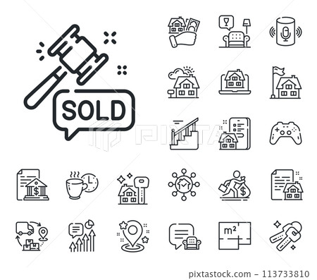 Bid offer sign. Floor plan, stairs and lounge room outline icons. Auction hammer line icon. Lot was sold symbol. Auction hammer line sign. House mortgage, sell building icon. Real estate. Vector 113733810