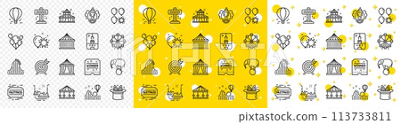 Set of Carousel, Roller coaster and Circus icons. Amusement park line icons. Air balloon, Crane claw machine and Fastpass symbols. Circus amusement park tickets. Ferris wheel carousel. Vector 113733811
